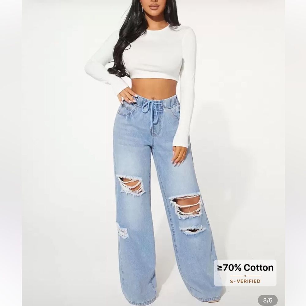 Drawstring Waist Ripped Wide Leg Jeans Large 8/10 - Picture 3 of 7